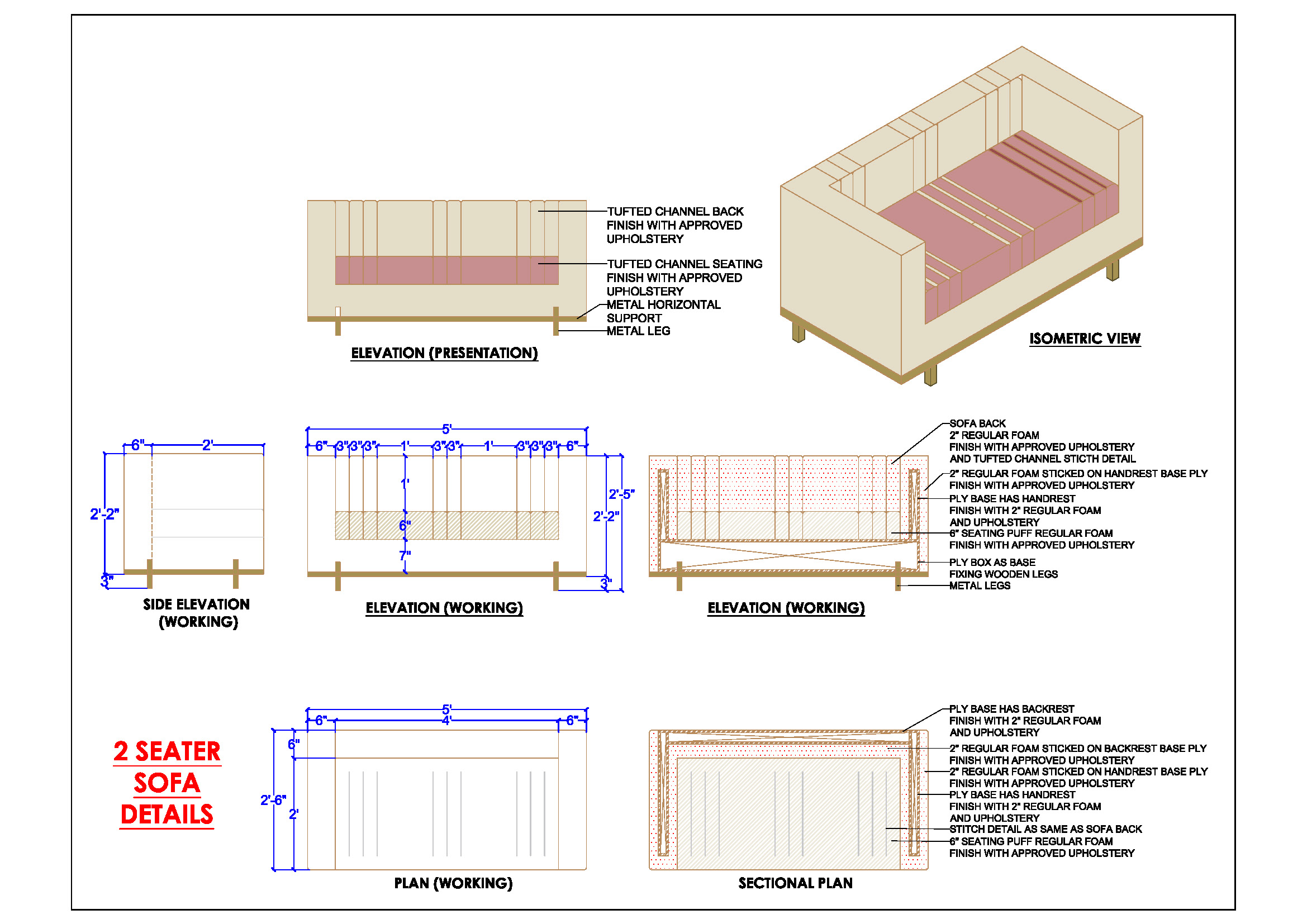 2-Seater Sofa CAD DWG- Detailed Elevation & Sectional Plans